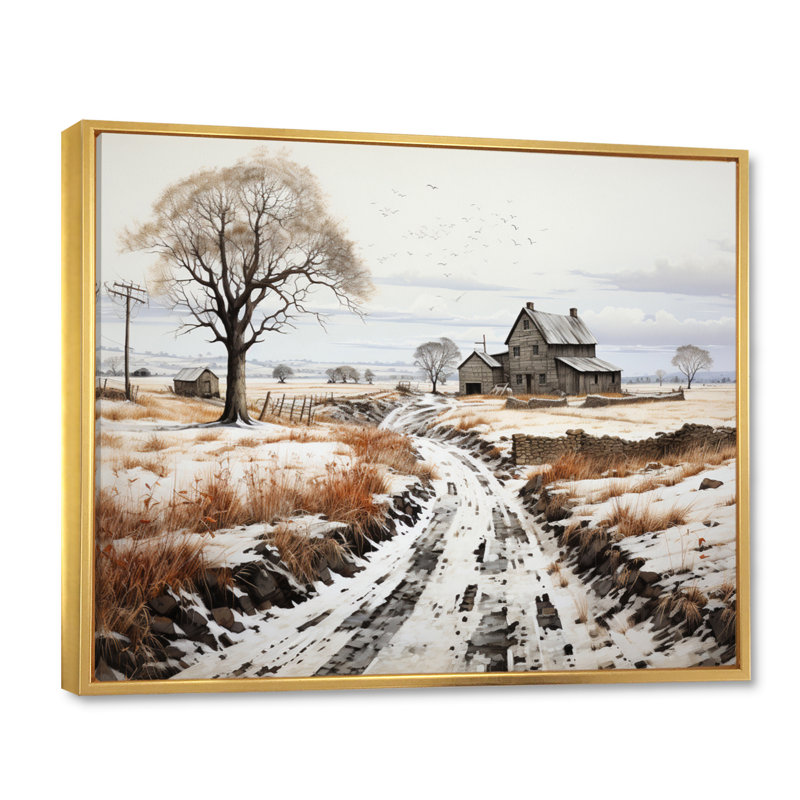 " Winter Farm Monochrome Harvest I ", 16" H x 32" W x 1" D, Gold Floater Framed