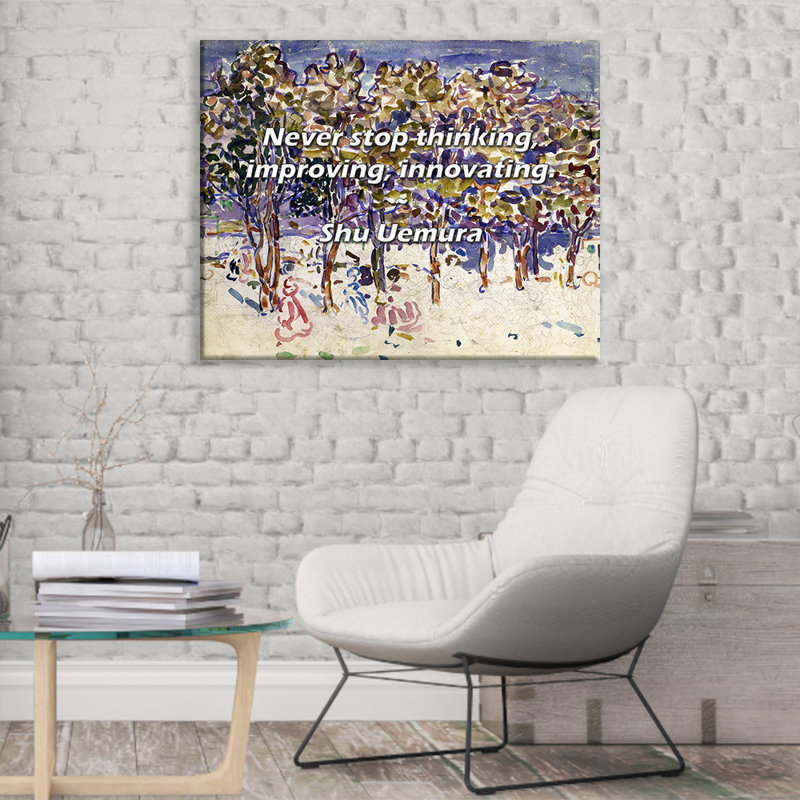 Citation artistique «Ne jamais cesser de penser, de s'améliorer, d'innover». Toile tendue par Shu Uemura, H 40 po x l 28 po