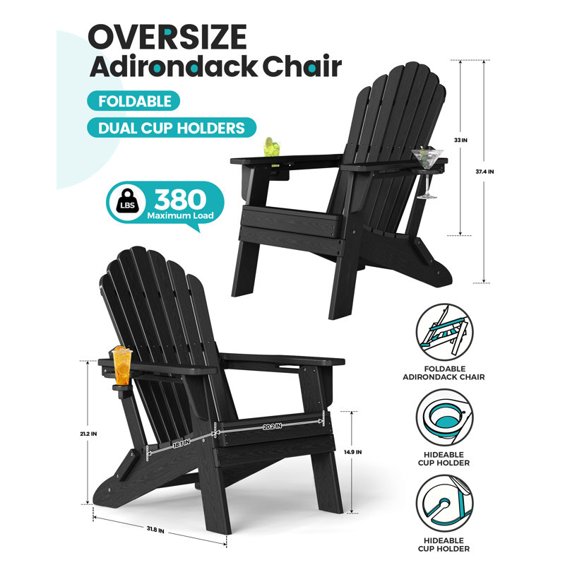Set of 2 Folding HDPE Adirondack Chairs with Dual Cup Holders – All-Weather Outdoor Patio Seating, Black