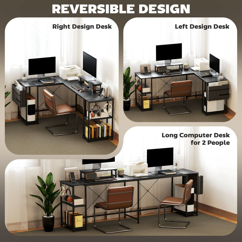 Rascoe L-Shaped Metal Base Computer Desk, Black