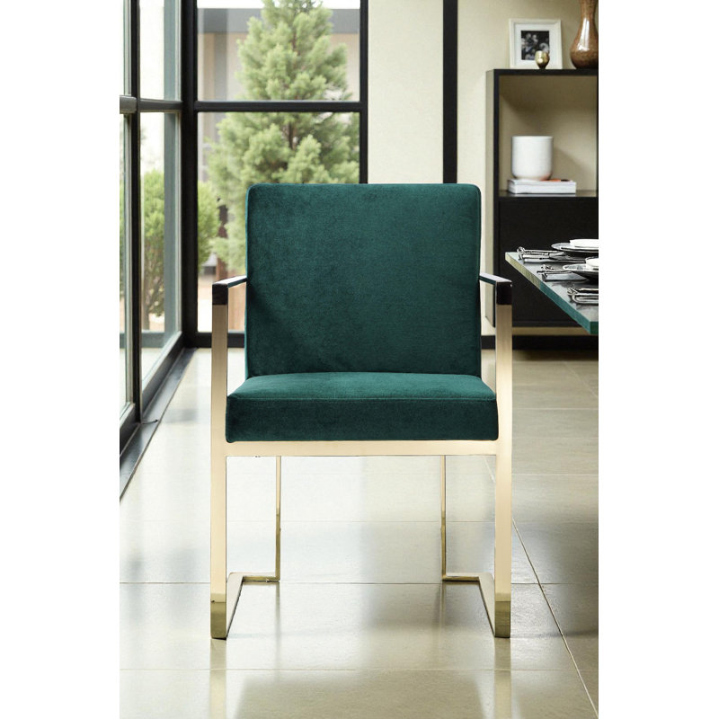 Pangea Home Dexter Upholstered Modern Velvet Arm/Dining Chairs – Indoor Arm Chairs with Gold or Silver Steel Legs- Dining Room, Bedroom, Living Room Chair - Green Velvet with Gold Legs