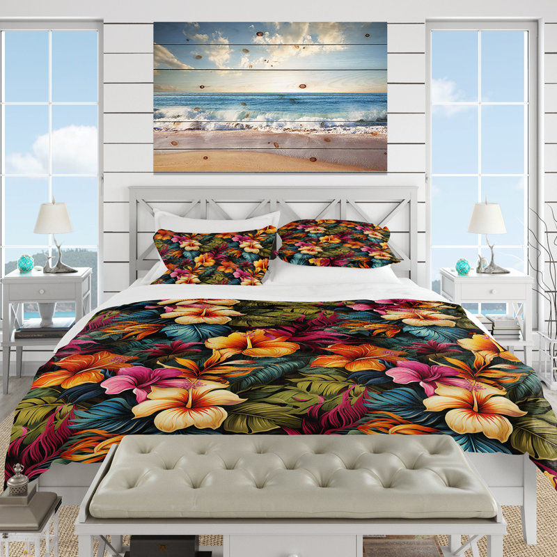 Ensemble de housse de couette multicolore Hibiscus, Housse de couette pour grand lit et 2 taies décor