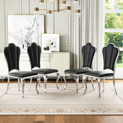 Luxury Leatherette Dining Chair Set, 42.52" High Back Flower Backrest Armless Chairs With Mirror Stainless Steel Legs