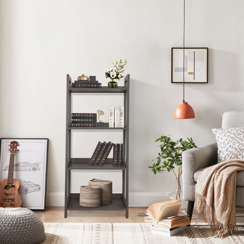 Wood Bookcase Ladder Bookshelf Shelving Unit, (4 Shelves) 40.4"H x 17"W x 13.5"D, Brown