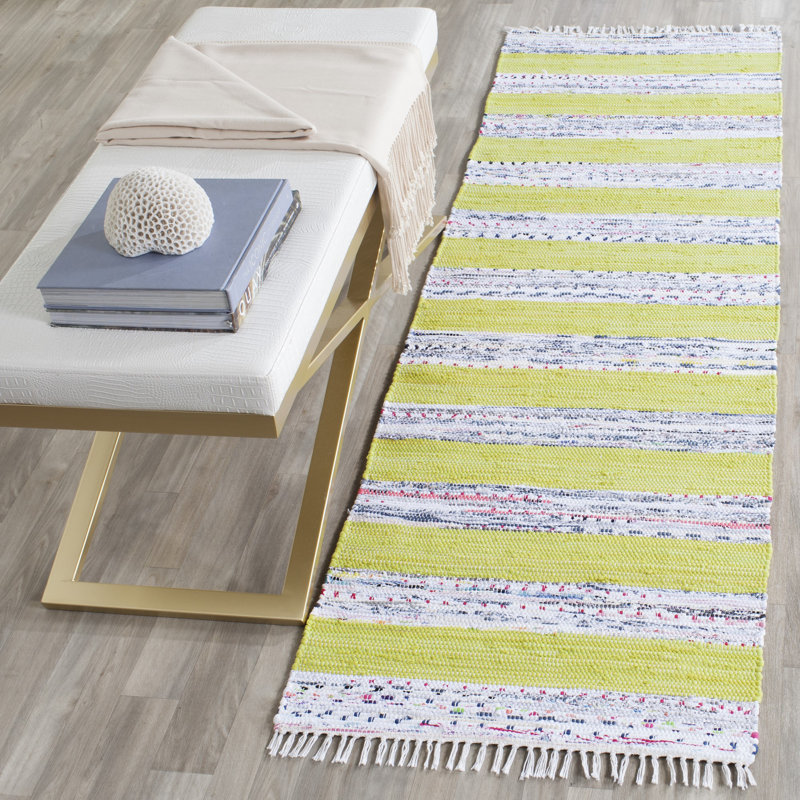 Tapis rayé en coton tissé à plat à la main ivoire / vert Yokum, Tapis de couloir 2 pi 3 po x 7 pi