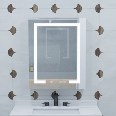 24”Wx30”H L Lighted Medicine Cabinet - Aluminum Frame, Dimmable/CCT LED, Anti-Fog Mirror, Clock & Thermometer | Surface/Recessed Mount, 2 Outlet+2 USB, Adjustable Shelves, Built-in Sensor Light