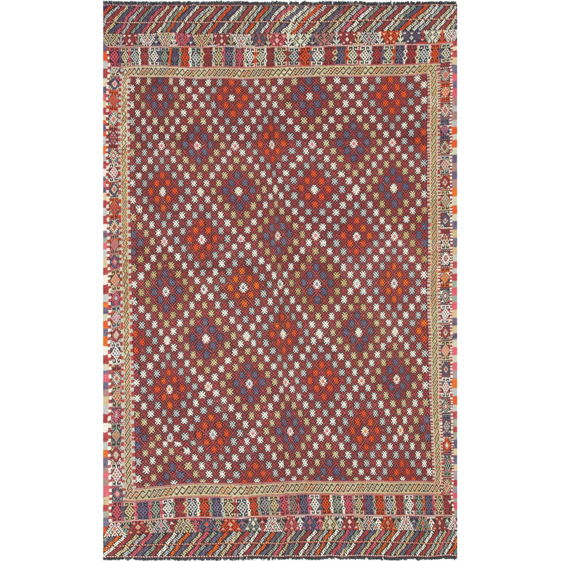 Tapis unique en laine noué à la main des années 1960 de 7 pi 4 po x 11 pi 9 po en rouge / bleu / blanc