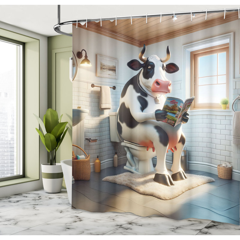 Whimsical Cow Reading Newspaper Fabric Shower Curtain with Hooks