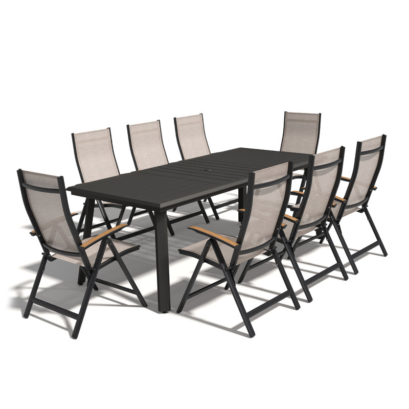 Ensemble repas pour 9 personnes avec fauteuils inclinables en aluminium pour l'extérieur