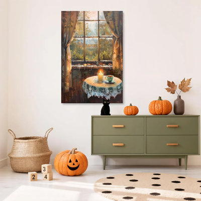 Tableau encadré sur toile, 1 affiche, motif « Fenêtre pluvieuse, café, Halloween », idéal pour le salon, la chambre, le bureau, la salle de bain, la chambre d'étudiant ou la décoration intérieure. Prêt à accrocher.