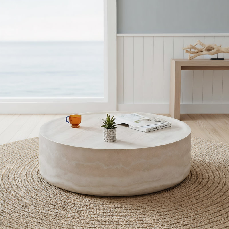 Table basse ronde, avec surface en travertin en fibre de verre et capacité de 260 lb, conception sans assemblage et revêtement imperméable, style luxueux moderne