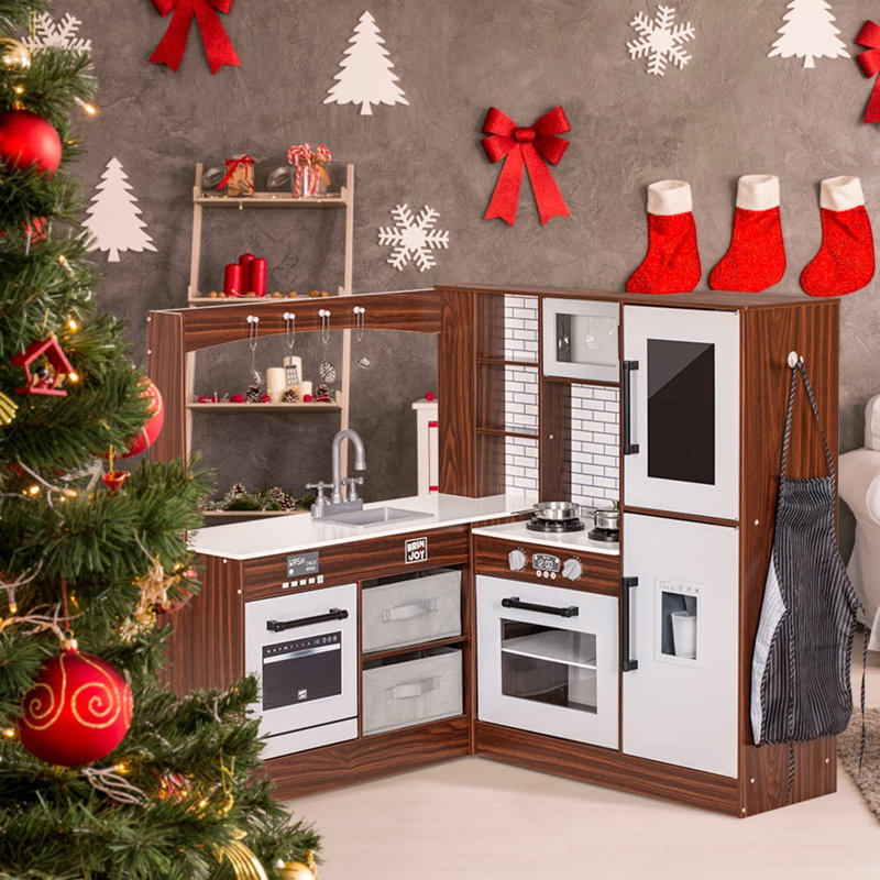 Corner Play Kitchen For Kids, Wooden Pretend Toy Kitchen Playset, Brown