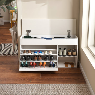 Entryway Bench With Shoe Storage,Adjustable 3-Tier Flip-Up Drawers & Hidden Cabinet,Space-Saving Shoe Organizer,Triple Storage And Modern Design,For  Hallway And Living Room,White