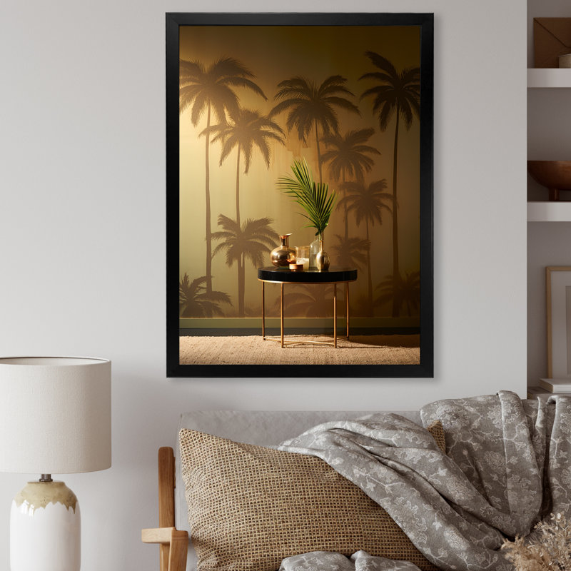 «Golden Grove Palm Tree Shadows» sur toile, Cadre noir, H 44 po x l 34 po x P 1,5 po
