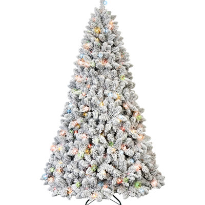 6ft Snowy Flocked Christmas Tree With 350 Multicolor Ul Lights And 36 Pine - 888 Tips, Hinged Branches For Quick Assembly, Metal Stand Stability Look, Colorful Lights, Real , Design Reliable Base