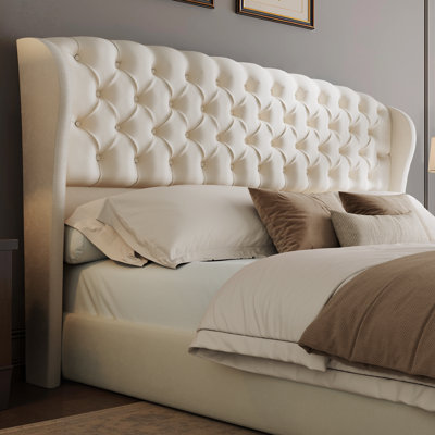 Dulane Velvet Upholstered Queen Scroll Wingback Headboard With Button Tufting, Cream