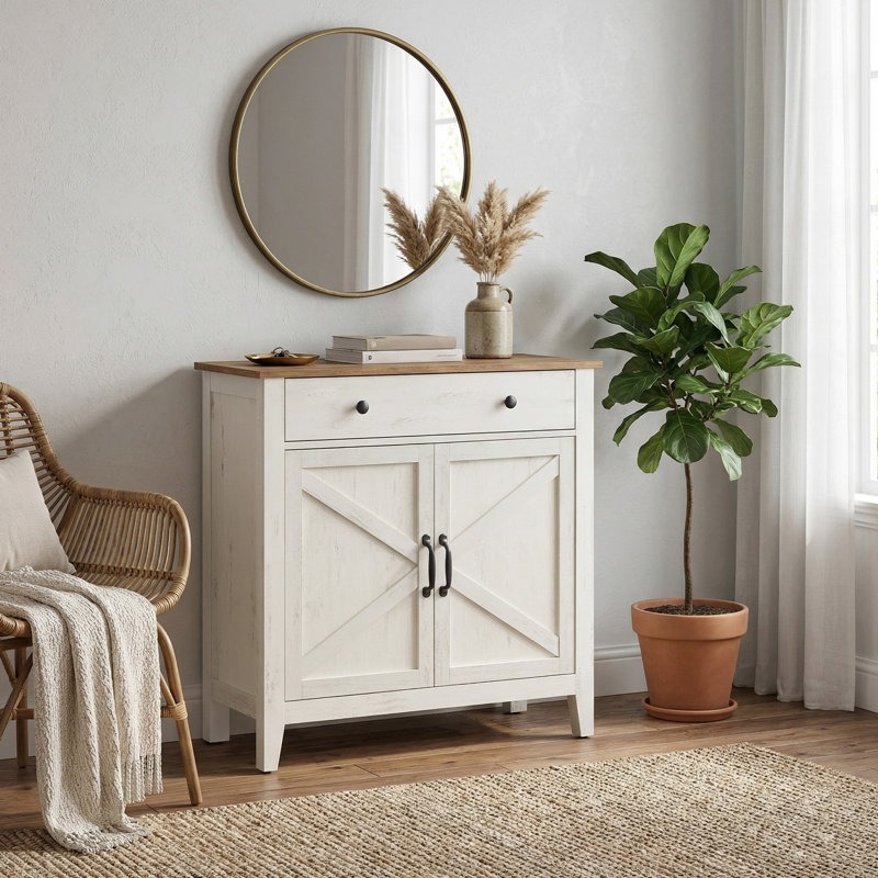 Buffet décoratif 2 portes avec séparateur de tiroirs Cassiana, Blanc délavé / brun