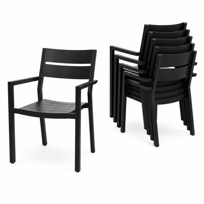  Aluminum Stackable Patio Dining Chairs Set of 6, Black Outdoor Dining Chair with Armrest, Lightweight All Weather for Patio, Lawn, Garden, Backyard, Deck