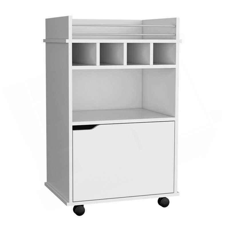Chariot-bar H 35 po avec deux tablettes, quatre casiers à vin et une armoire, Blanc