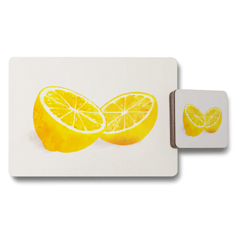 Lemon Themed Placemat And Coaster Set With Bright Citrus Design