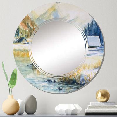 Paysage avec montagne bleue et rivière - miroir mural rond traditionnel