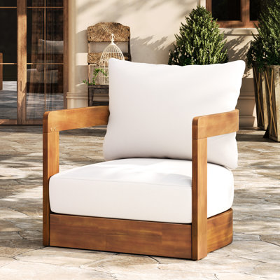 Wood Outdoor Club Chair With Curved Tub Design, Water- Cushions, All-Weather Slat Construction, And Beige Color, 27.15 Inches Depth, 28.75 Width, 28.11 Height, 33.5 Lbs Weight Of Wood, Main Weight,