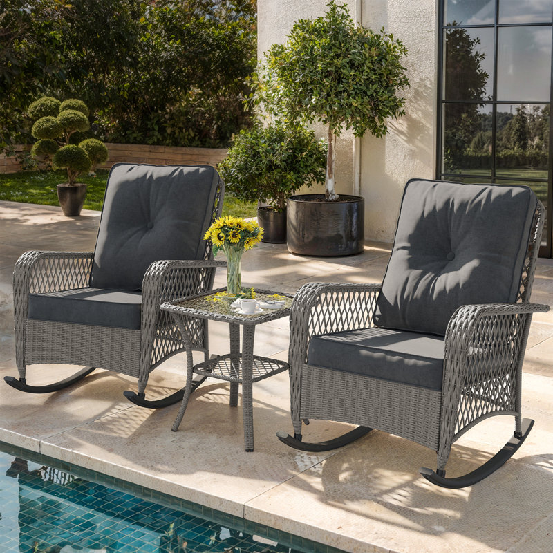 Oversized Outdoor Rocking Chair 3-Piece Set with Cushions & Glass Side Table, Dark Gray Cushion/Gray Frame