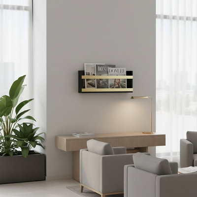Porte-revues en bois noir avec barre décorative en métal laiton