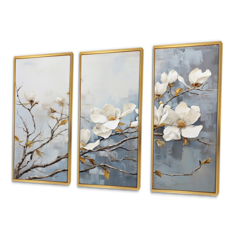 Ensemble de décorations murales Magnolias Bloom In White I - Magnolias, Cadre flottant doré, H 40 po x l 60 po x P 1 po