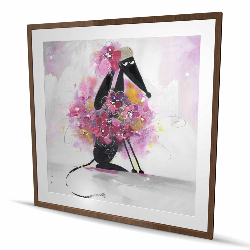 Dessin de chien avec fleurs roses - reproduction d'art encadrée pour enfants, H 48 po x l 48 po, Brun
