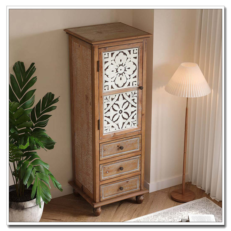 Armoire de rangement rustique en bois avec porte découpée décorative et 3 tiroirs