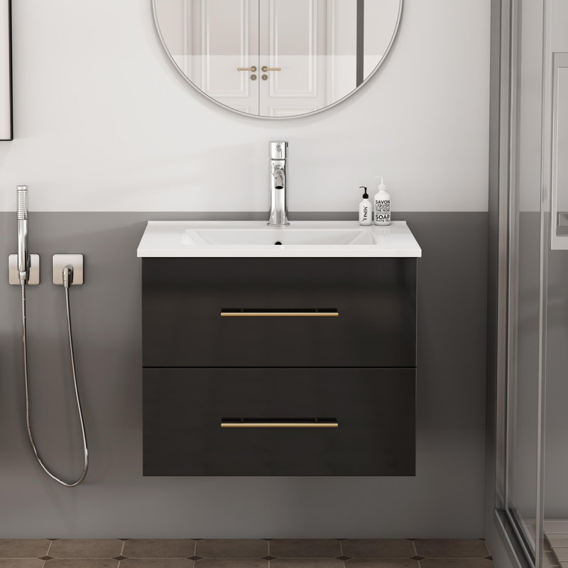 Meuble-lavabo mural moderne de 24 po avec lavabo en céramique et tiroirs doubles Alderidge