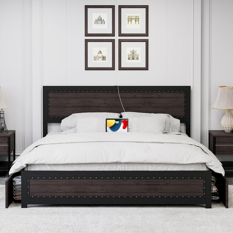 Base de lit plateforme industrielle avec 4 tiroirs de rangement et station de charge, Grand, gris