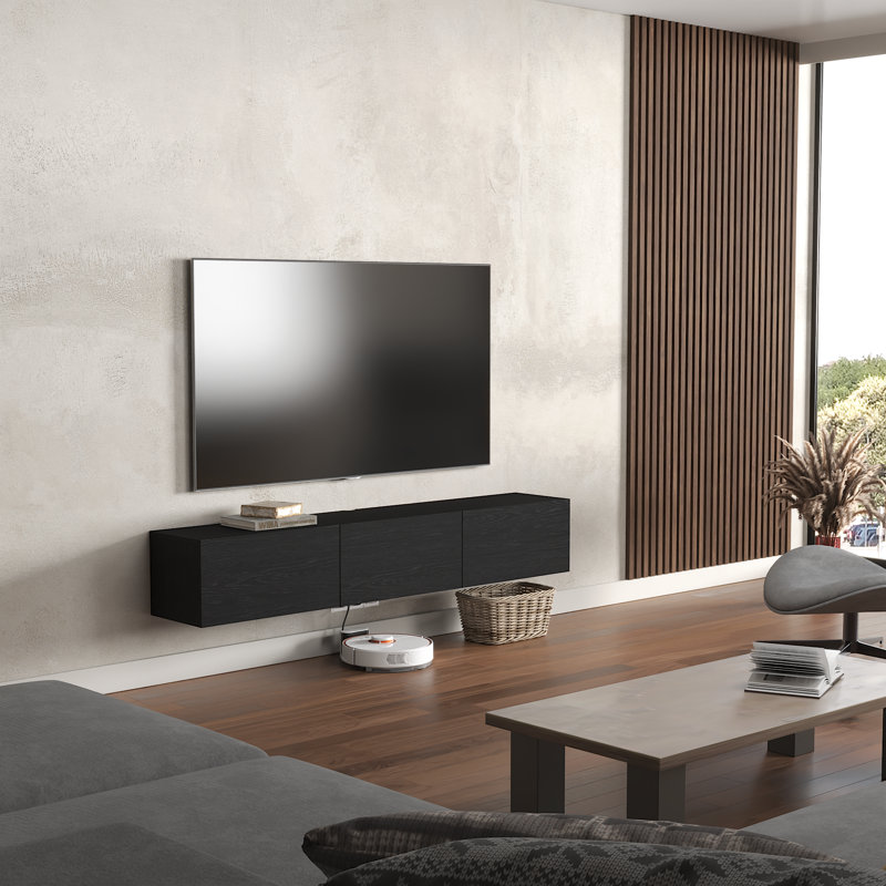 Colima Modern Floating TV Stand Up to 80" TVs Wall-Mounted Media Console with Storage Cabinet, Black Grain
