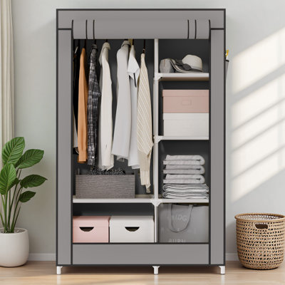  Portable Closet Clothes Garment Rack, Wardrobe Organizer with 6 Shelves & 1 Hanging Rod, 4 Side Pockets for Bedroom, Living Room, Cloakroom, Dorm, Apartment, Gray