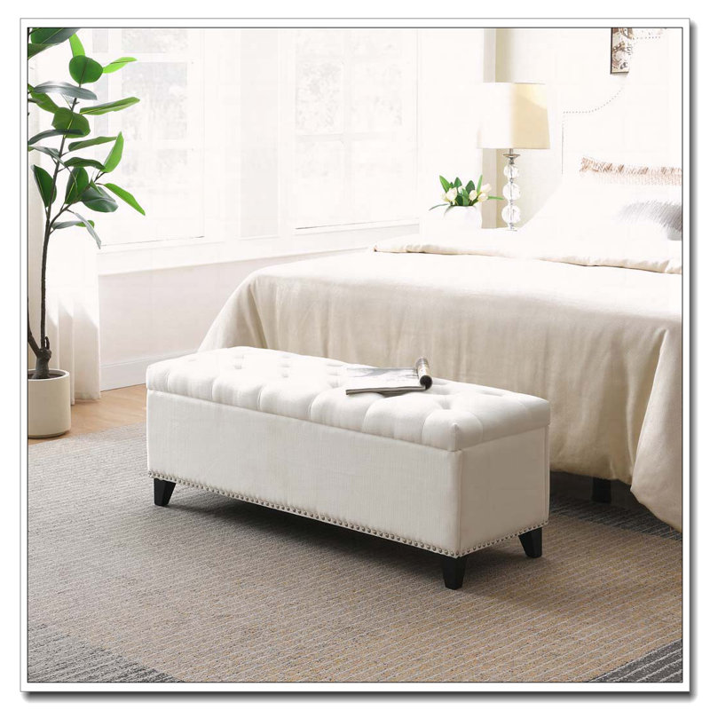 Linen Button-Tufted  Storage Bench, Beige