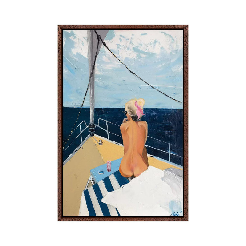 Girl On A Boat by Yura Ashi - Painting on Canvas, Classic Brown Wood Framed, 66.04cm H x 45.72cm W x 3.81cm D
