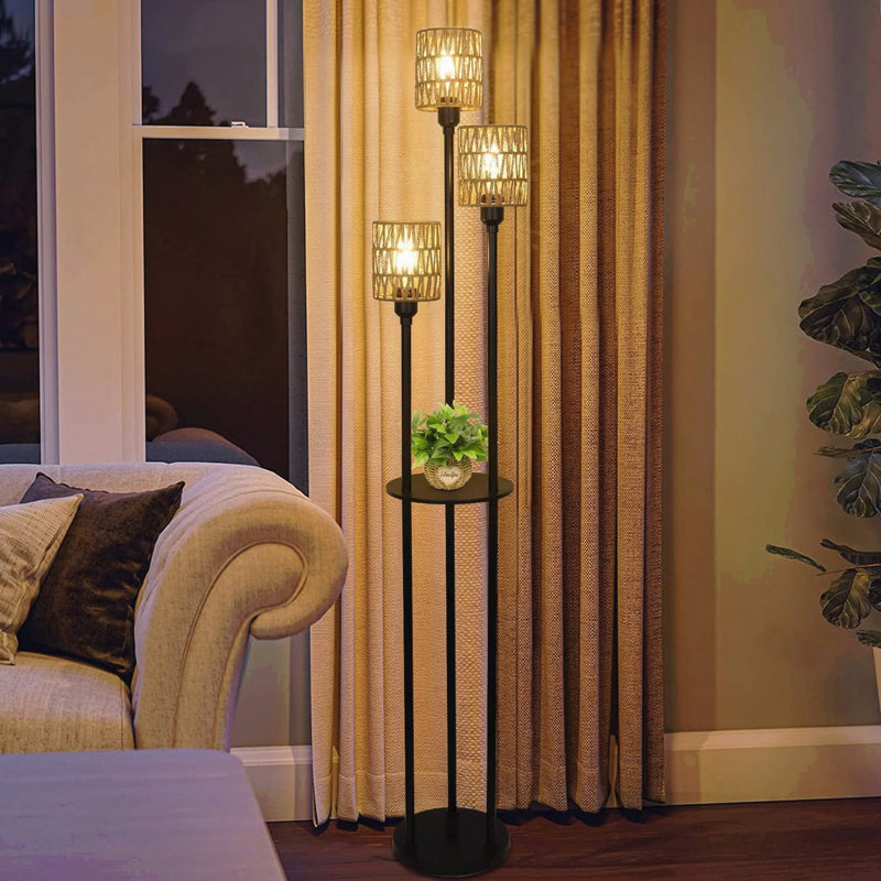 Floor Lamp With Shelves, 3-Lights Farmhouse Tall Floor Lamp With On/Off Foot Switch, Rustic Standing Lamp With Rattan Shades For Living Room Bedroom Office