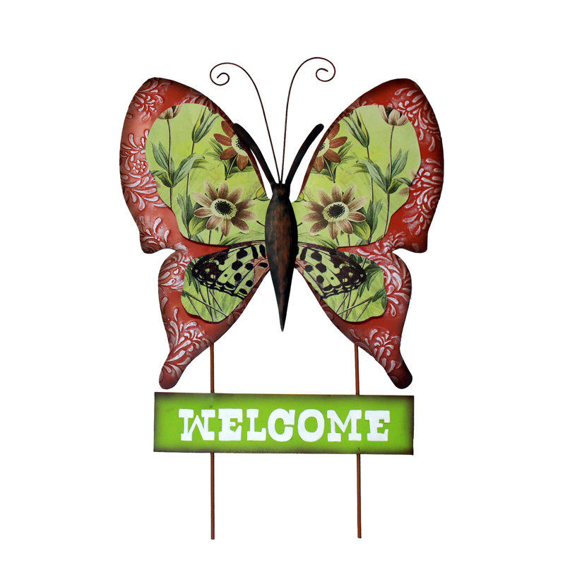 Piquet de jardin papillon en métal avec panneau de bienvenue vert