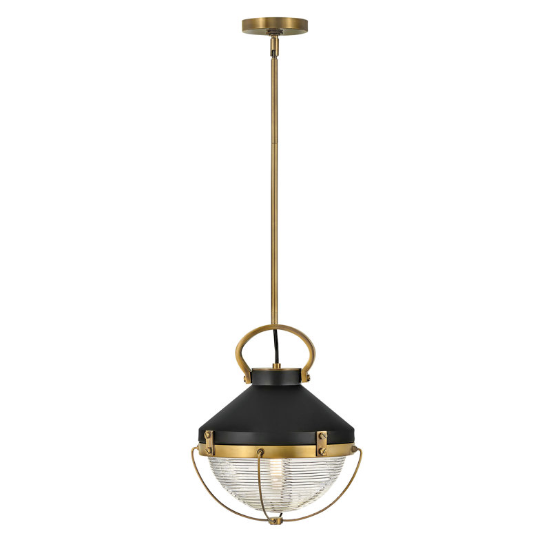 Crew 1-Light Maritime Pendant with Ribbed Glass Bowl, 15.25" H x 12" W x 12" D, Heritage Brass, Black