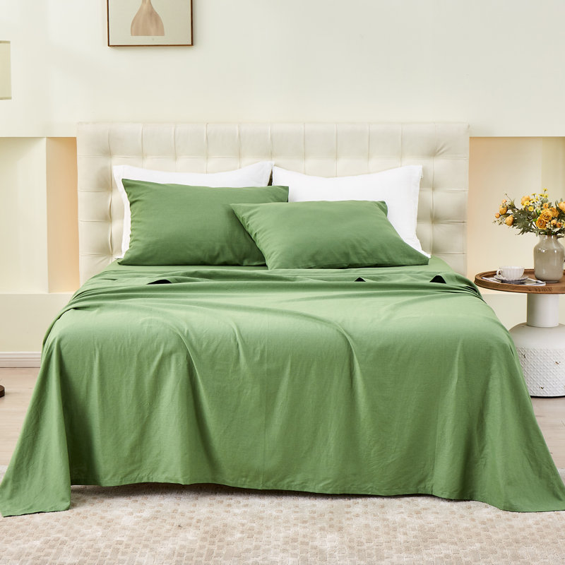 Linen Cotton Flat Sheet(Khaki Green,King), Khaki Green, King