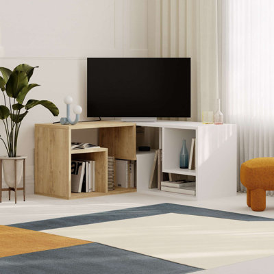 Meuble télé moderne avec chêne saphir et blanc, 57,1 x 17,6 x 13,8 pouces | 100% panneau de particules enduit de mélamine, épaisseur de 0,7 pouce | Supporte jusqu'à 44 lb | Design élégant et fonctionnel pour le salon et les espaces de divertissement