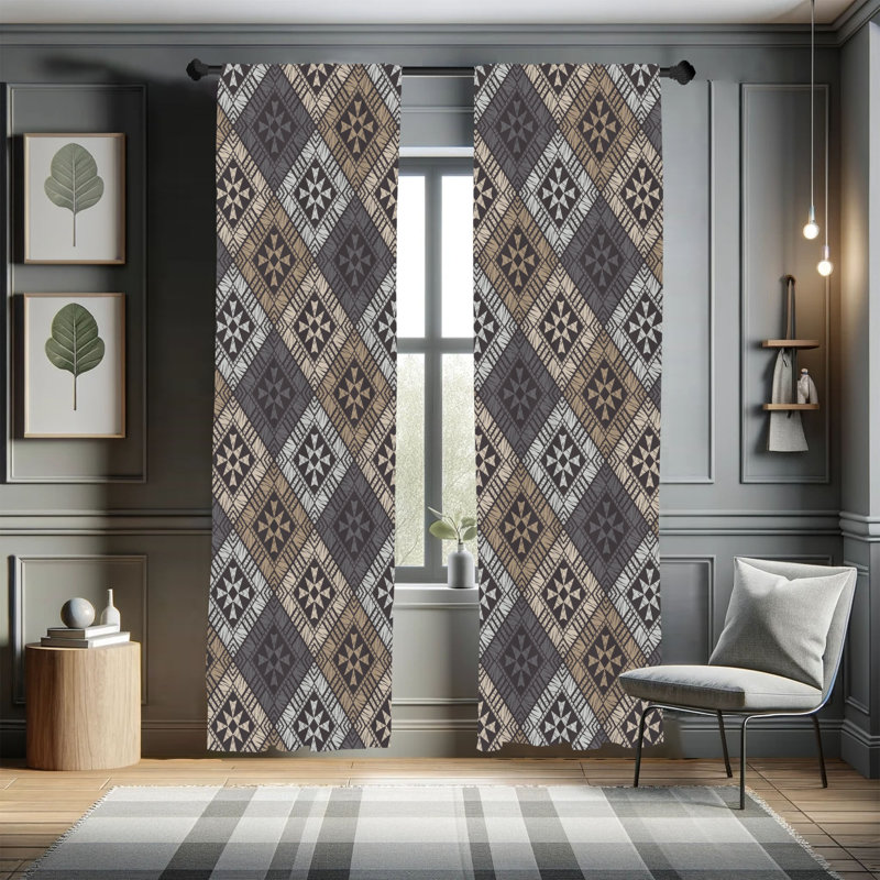 George Oliver Abstract Curtains, Ethnic Tribal Structures, Dimgray Grey, 28" W x 63" L