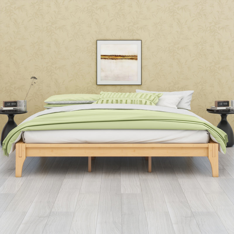 Base de lit plateforme en bois avec support en lattes de bois, Natural