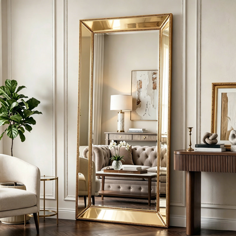 84" Beaded Oversized Full Length Floor Mirror With Antique Gold Frame
