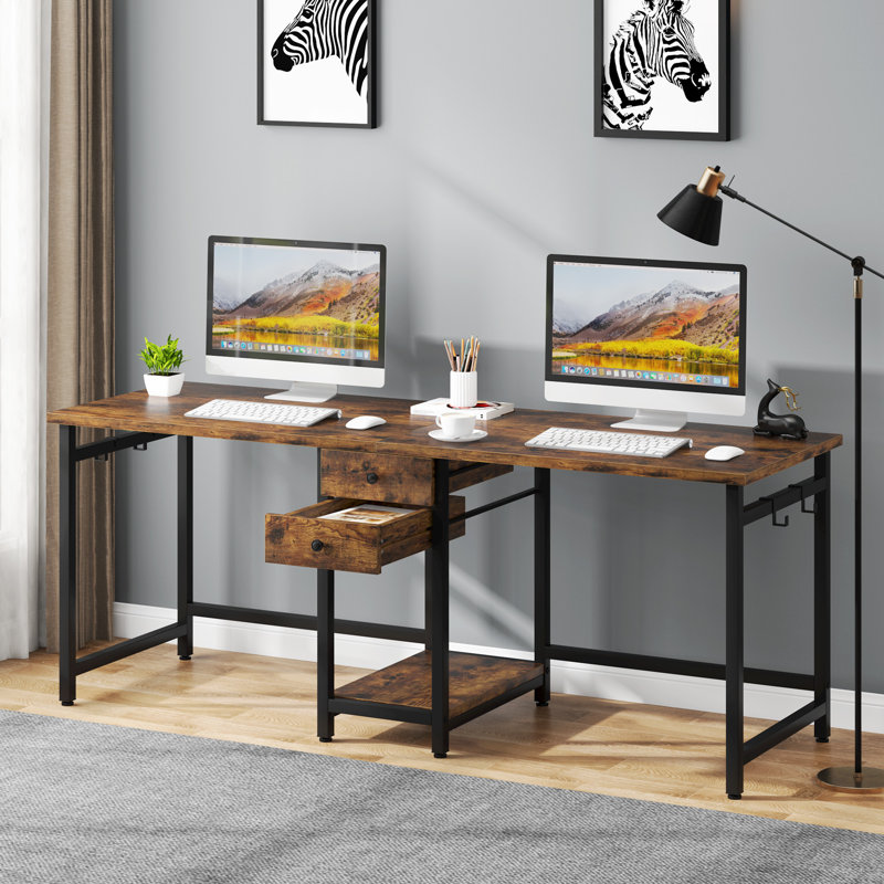 Rushali 200 cm W two-person office desk, Rustic Brown, Black
