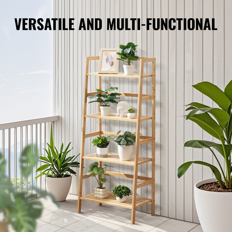 Natural Bamboo 4-Tier Ladder Bookshelf for Plants and Decor