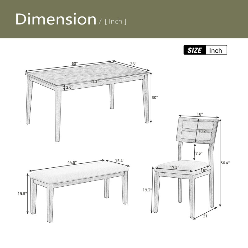 Ensemble de salle à manger 6 pièces de style classique et traditionnel, comprenant une table de salle à manger, 4 chaises rembourrées et un banc