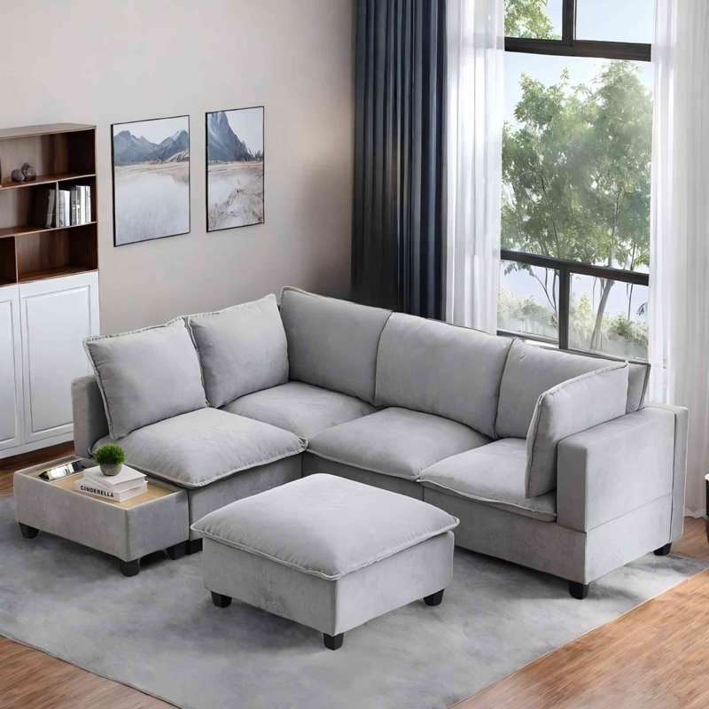U-shaped Sectional Sofa Couch With A Movable Ottoman And A Coffee Table With Hidden Charging Devices, Grey