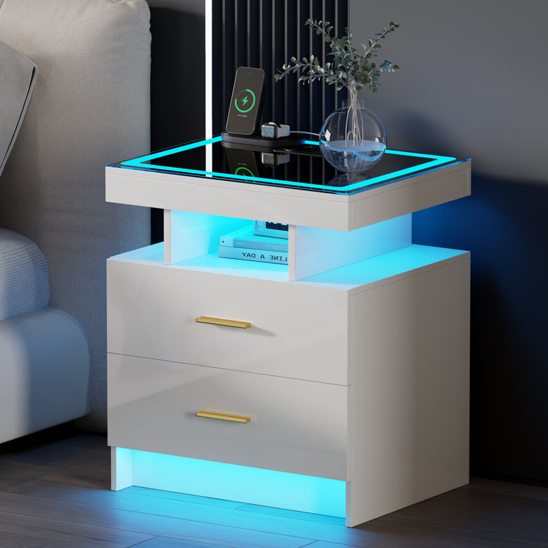 Table de chevet moderne avec charge sans fil, ports USB et lumière à détection automatique - Table de chevet intelligente avec tiroirs de rangement